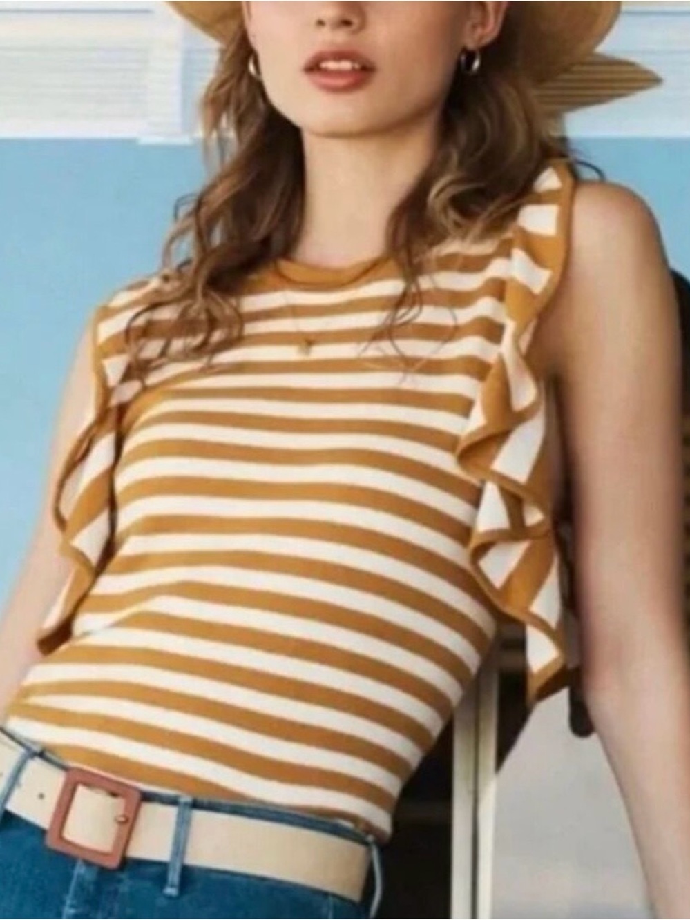 Anthropologie Chic Flutter Sleeve Breton Striped Knit Tank - Ochre & White